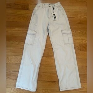 White Womens Cargo Pants with Brown Seam.